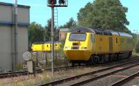 Network Rail NMT rail infrastructure set 43013 TNT 43062 at Kilmarnock on 18 August 2015. The train is the 1Q26 Ayr to Carlisle via the G&SW line, on the first day of resumption of non passenger traffic since the New Cumnock derailment.<br><br>[Ken Browne 18/08/2015]