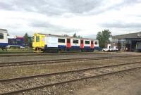 Ex-LU D78 car with 'modified front end' in the yard at Long Marston on 17 August 2015. The 'modification' resulted from a controlled crash into a 3 tonne tank of water during testing of the bodyshells, which are being converted to low cost 'D-Train' DMUs by Vivarail. <br><br>[Ian Dinmore 17/08/2015]