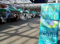 The weekend market on the east concourse at Waverley is having a Borders Railway theme. I was somehow hoping for a rail relics stall, but tragically had to content myself with one selling beer from the borders.<br>
<br><br>[David Panton 05/09/2015]