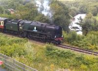 There is a fine view of railway and river from the balcony on the Engine House museum at Highley. Engine 34053, <I>Sir Keith Park</I>, is passing by on 26th August with a train for Kidderminster. <br><br>[Ken Strachan 26/08/2015]