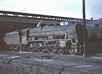Seen better days. Forlorn looking Royal Scot 46160 <I>Queen Victoria's Rifleman</I>, standing in the shed yard at Polmadie on 29 March 1965. The locomotive was withdrawn from Carlisle Kingmoor some 4 weeks later.<br><br>[John Robin 29/03/1965]