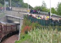 A snapshot of some of the thousands of folk who lined the route of the Borders Railway on 9th September 2015 – this is Station Brae in Galashiels.<br><br>[David Spaven 09/09/2015]