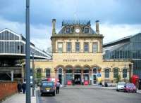 View of the Fishergate entrance to Preston station from the north. Two of the five 1879-80 built longitudinal pitched roofs can be seen on either side.<br><br>[Veronica Clibbery 17/09/2015]