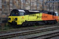 Beautifully designed locomotive? - I should Co-Co!  Colas 70805 waits at Carlisle between duties on 28th September 2015.<br><br>[Colin McDonald 28/09/2015]