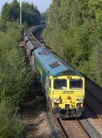 Freightliner 66550 runs through Alloa Loop with coal from Hunterston High Level to Longannet Power Station.<br><br>[Bill Roberton 29/09/2015]
