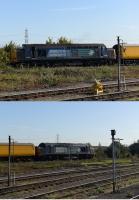 A sunny 8th October 2015 saw DRS Class 37s top and tail a Network Rail trainset through Didcot and on to the Oxford line. 37605 was the lead loco with 37604 trailing.<br><br>[Peter Todd 08/10/2015]