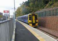 A ScotRail 158 pulls out of Galashiels on 20th October 2015 on the final hop to Tweedbank.<br><br>[David Panton 20/10/2015]