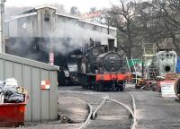 The only survivor of the 289 examples of GER class J15 (the most numerous of all GER classes), Stratford built 65462 simmers in the shed yard at Grosmont on 3 April 2008 with A4 Pacific 60019 <I>Bittern</I> standing in the background just inside the shed. [See image 52887]<br><br>[John Furnevel 03/04/2008]