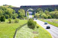 A GNER Aberdeen bound HST heads north over Markinch Viaduct on 1 May 2005. The station is off picture to the left. View is east along the A911 road towards the Fife coast.<br><br>[John Furnevel 01/05/2005]
