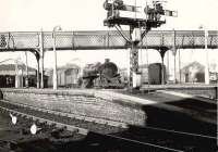 Looking across the platforms towards the shed at Helensburgh Central on a bright 26 October 1957. Standing at the platform is BR Standard class 4 2-6-0 no 76102, which had arrived new at Parkhead from Doncaster works some 4 months earlier.  <br><br>[G H Robin collection by courtesy of the Mitchell Library, Glasgow 26/10/1957]