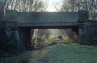 The site of Killearn station in 1990. The station (which was largely timber) closed to passengers in 1951 and little survives apart from a stationmaster's house and this overbridge (since replaced). [See image 6772] [Ref query 36140]. The few remains at the site were largely removed during the construction of the Loch Lomond Water Supply Scheme.<br><br>[Ewan Crawford //1990]