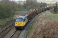 Colas Railfreight 56105 approaches Hoghton on 20 April 2013 with the Carlisle to Chirk log train.<br><br>[John McIntyre 20/04/2013]