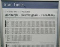 A few Borders trains run from Fife in the morning and to it in the evening. These services however don't share a public timetable and it seems to me an odd decision to post timetables at stations which aren't mentioned on them. This example is seen at Dalmeny in January 2016.<br><br>[David Panton 19/01/2016]