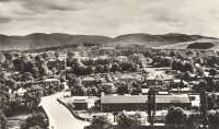 Peebles West's goods shed seen from the steeple of the Old Parish Church in a south facing view. The Caledonian passenger station was off to the right, the line seen running off to the left continued to the North British station.<br><br>[Ewan Crawford Collection //]