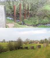These tank traps, presumably around 75 years old, sit alongside the Lancaster Canal near Nateby Hall. The upper picture shows the point where the trap crosses a stream and old rails are embedded upright to maintain the defence. Either side of the stream are the concrete blocks that climb up the hill and the last block is actually on the towpath of the canal. Behind the camera in the lower picture there is also a well preserved lime kiln from the days when lime was brought by canal from Kendal for use on local fields. Map Ref SD475461. <br><br>[Mark Bartlett 13/02/2016]