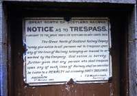 In 1964 the Great North of Scotland trespass sign remained on one of the station doors at Blacksboat, 41 years after the company was grouped into the London and North East Railway.<br><br>[Andrew Saunders /08/1964]