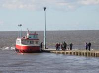 The Wyre Rose, disembarking at the Knott End slipway after crossing from Fleetwood on 14th February 2016. Depending on the state of the tide passengers from Knott End either have a long walk and short boat ride or vice versa. The vessel, purpose built, has operated the ferry since 2005 but there is a cloud over operations at present due to county council cut backs. <br><br>[Mark Bartlett 14/02/2016]
