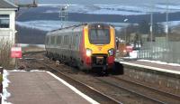 An unidentified Virgin Voyager with the diverted 1Z05 Glasgow Central to Carlisle shuttle through New Cumnock on 18 February 2016. This service operated during the WCML closure due to damage at Lamington Viaduct and called only at Kilmarnock.<br><br>[Ken Browne 18/02/2016]