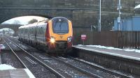 Virgin Voyager 221102 slows for signals at New Cumnock on 18 February whilst working 1Z00 the shuttle from Carlisle to Glasgow Central.<br><br>[Ken Browne 18/02/2016]
