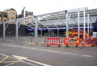 The 'temporary marquee' takes shape in the North Hanover Street car park area on 12 March 2016 in preparation for the queuing system which is to be put in place during closure of the High level Station due to the Cowlairs Tunnel Improvement works.<br><br>[Colin McDonald 12/03/2016]