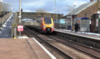 Virgin Voyager 221109 about to run through New Cumnock whilst working 1Z10, the shuttle from Carlisle to Glasgow Central, on 18 February 2016.<br><br>[Ken Browne 18/02/2016]