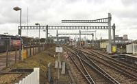 The new view west from Didcot station on 24 March 2016. Gantry erection for the GWML electrification project appears to be progressing well, despite the media!<br><br>[Peter Todd 24/03/2016]