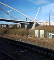 The new footbridge installed just west of Dundee station, viewed from a passing train.<br><br>[John Yellowlees 01/03/2016]