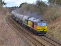 Colas 60087 enters the double track at Stanley with the 6Z31 Inverness - Oxwellmains empty cement on 30 March.<br><br>[Bill Roberton 30/03/2016]