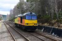 Class 60 No.60087 CLIC Sargent running light engine from Oxwellmains Lafarge to Inverness Lafarge is pictured approaching Carrbridge.<br><br>[John Gray 28/03/2016]