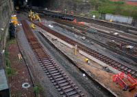 Progress at Queen Street on 12th April 2016. On the left, platforms 1 and 2 now have track laid on a new alignment further west than previously. To the right, work is continuing on platforms 3 to 5.    <br><br>[Colin McDonald 12/04/2016]