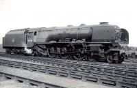 Stanier Pacific 46220 <I>Coronation</I> photographed at Polmadie in the spring of 1950.<br><br>[G H Robin collection by courtesy of the Mitchell Library, Glasgow 12/03/1950]