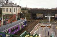 Looking north from the top of the steps of the new footbridge at Leyland to where the old bridge used to be on 09 March 2016. The old station booking office is now sealed up and a question hangs over it's future. The view could change again in the near future. Compare with a view from just over 6 years earlier [See Image 27212].<br><br>[John McIntyre 09/03/2016]