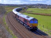 GBRf now provides haulage for the Royal Scotsman.  Appropriately-liveried 66746 leads the train past the former Lumphinnans Central Junction with the first 'Classic' tour of the year.  66736 brings up the rear.<br><br>[Bill Roberton 18/04/2016]
