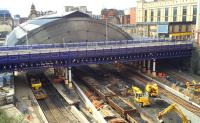 Queen Street High level work on the morning of 16th April 2016 viewed from Buchanan Galleries. Trackwork for platforms 1&2 has been replaced and platforms 3&4 are now receiving attention. The engineering train is on the platform 5 line.<br><br>[Colin McDonald 16/04/2016]