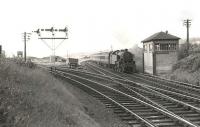 A Sunday Largs - Glasgow service about to run through Fairlie Pier Junction on 5 July 1959. The train is hauled by Ardrossan shed's Fairburn 2-6-4T no 42124. <br><br>[G H Robin collection by courtesy of the Mitchell Library, Glasgow 05/07/1959]