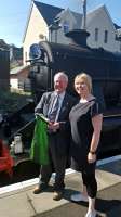 Lord Faulkner of Worcester and Fern Britton launching The Jacobite today at Fort William station.<br><br>[John Yellowlees 09/05/2016]