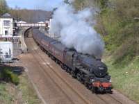 The Inverness - Oxenholme leg of the Great Britain IX railtour, hauled by 44871 with 47760 on the rear charges through Gleneagles running an hour late due to a brake problem.<br><br>[Bill Roberton 03/05/2016]