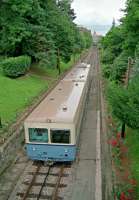 A train on the former rack railway from Ouchy to Flon via Lausanne in 1991. The line was originally a funicular. It has since closed and re-opened as line M2 of the Lausanne Metro.<br><br>[Ewan Crawford //1991]