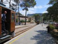 Service from Palma waits at Bunyola to cross an incoming train from Soller.<br><br>[Mark Wringe 27/07/2014]