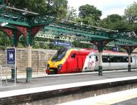 A Virgin CrossCountry Voyager en route to Aberdeen stands at Waverley platform 19 on 5 July 2007. Note the dismantled and repainted platform canopy in course of refurbishment as part of the major station works taking place at this time. <br><br>[John Furnevel 05/07/2007]