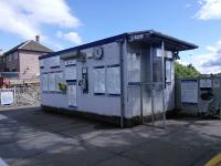 The ageing prefab ticket office at Blairhill seen on 25/06/2016. Is a new building at platform level part of the ongoing station improvements? I could have just asked at the ticket window but I like a surprise.<br><br>[David Panton 25/06/2016]