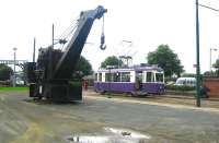 Looking back towards the entrance to Summerlee Industrial Heritage Museum in the summer of 2006. A Marshall - Fleming steam crane stands alongside ex-Graz Tramways no 225, in use at that time on the museum's internal passenger service.  <br><br>[John Furnevel 29/08/2006]