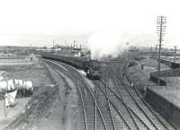 A Winton Pier - Glasgow St Enoch train about to pass through Holm Junction on 6 July 1959. Corkerhill Standard class 5 4-6-0 73103 is at the head of the train. [Railscot note: No doubt the lady in the garden on the left had checked the wind direction first thing that particular Monday morning].     <br><br>[G H Robin collection by courtesy of the Mitchell Library, Glasgow 06/07/1959]
