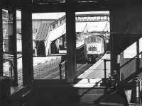 View south over the platforms from Galashiels signal box on 10 June 1968 as D160 arrives with the down <I>Waverley</I>.<br><br>[Bruce McCartney Collection 10/06/1968]