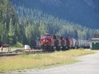 A triple-headed Canadian Pacific freight waits its turn to tackle the spiral tunnels of the Kicking Horse Pass through the Rockies towards Alberta.<br><br>[Mark Wringe 16/08/2013]