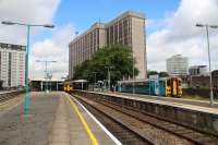 Cardiff Queen Street with its four running platforms and a bay platform for the Cardiff Bay shuttle service.<br><br>[Alastair McLellan 12/07/2016]