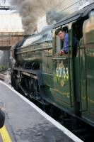 The driver of 60163 Tornado looks back along his train while he waits at Preston on 21 September 2011 for the signal from the guard. <br><br>[John McIntyre 21/09/2011]