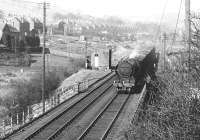 An A3 Pacific passing the old Kilnknowe Junction signal box with an up freight in the 1960s. The Peebles line can be seen running parallel with the Waverley route under Kilnknowe Place road bridge in the background. <br><br>[Dougie Squance (Courtesy Bruce McCartney) //]