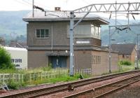 The former Dumbarton Central signal box looking east from the station in July 2005. Although not used for signalling purposes since the late 1980s the large structure on Bankend Road still sees use by Network Rail staff from time to time.<br><br>[John Furnevel 27/07/2005]
