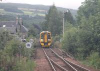 The morning ECS working from Perth to Blair Atholl approaches Pitlochry on 19th July 2016. On my previous visit this train ran with six coaches [See image 46972] but on this occasion was just two-car unit 158735. <br><br>[Mark Bartlett 19/07/2016]